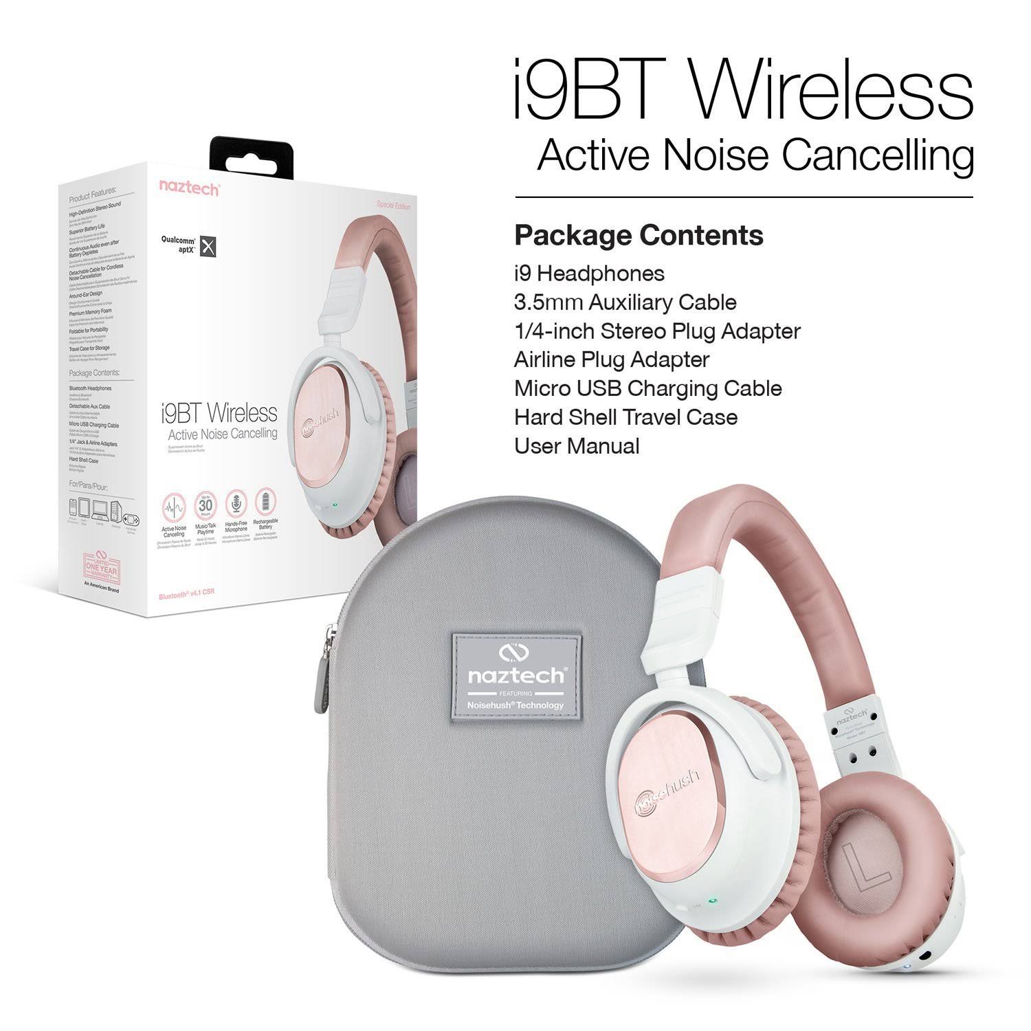 Naztech i9BT Over-Ear Active Noise Cancelling Wireless Headphones, aptX Bluetooth 4.1 Technology for