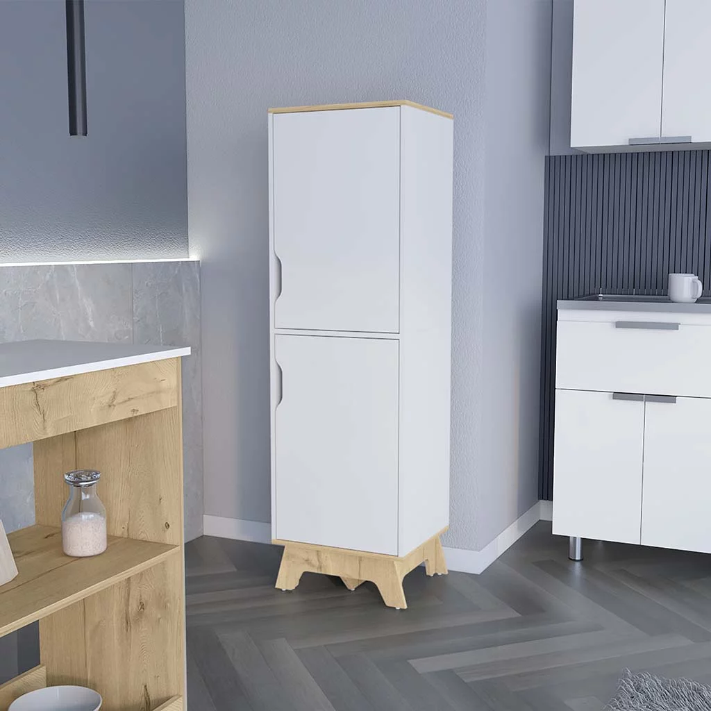 CoSoTower Single Kitchen Pantry Wallas, Four Shelves, Two Doors, Light Oak / White Finish