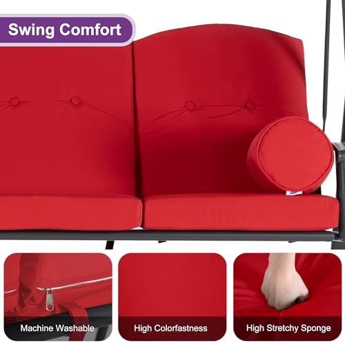 PURPLE LEAF Outdoor Patio Porch Swing with Adjustable PVC Canopy, 3-seat Swing Chair Bench with Side Cup Holder for Backyard Front Porch Lawn