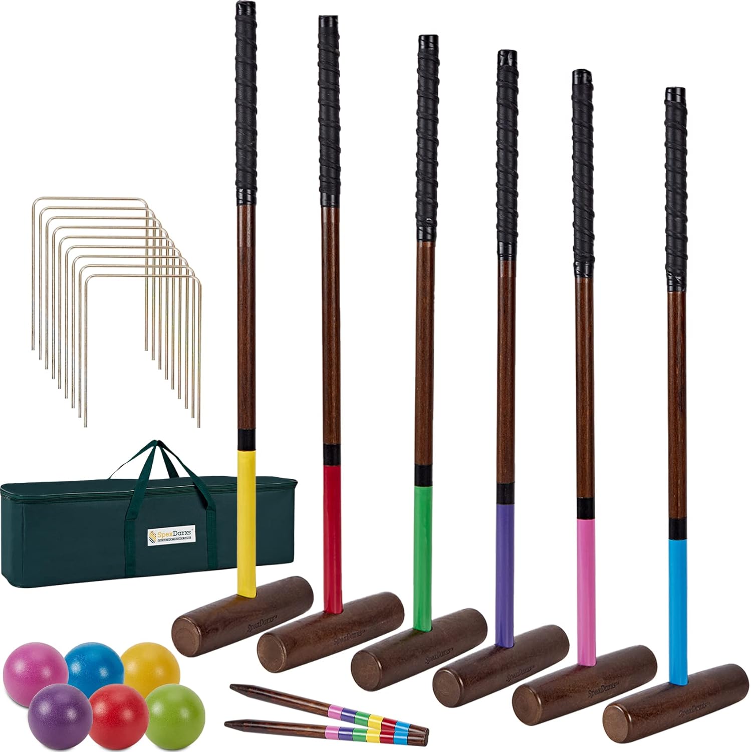 SpexDarxs Six Player Croquet Set, 28‘’ Croquet Set with Premium Wooden Mallets|Colored Balls|Wickets|Stakes|Carrying Bag