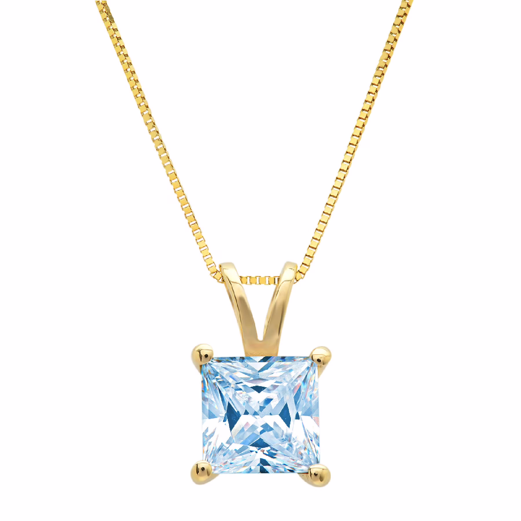 2.0 ct princess cut natural swiss blue topaz 14k yellow gold pendant + 18" gold chain