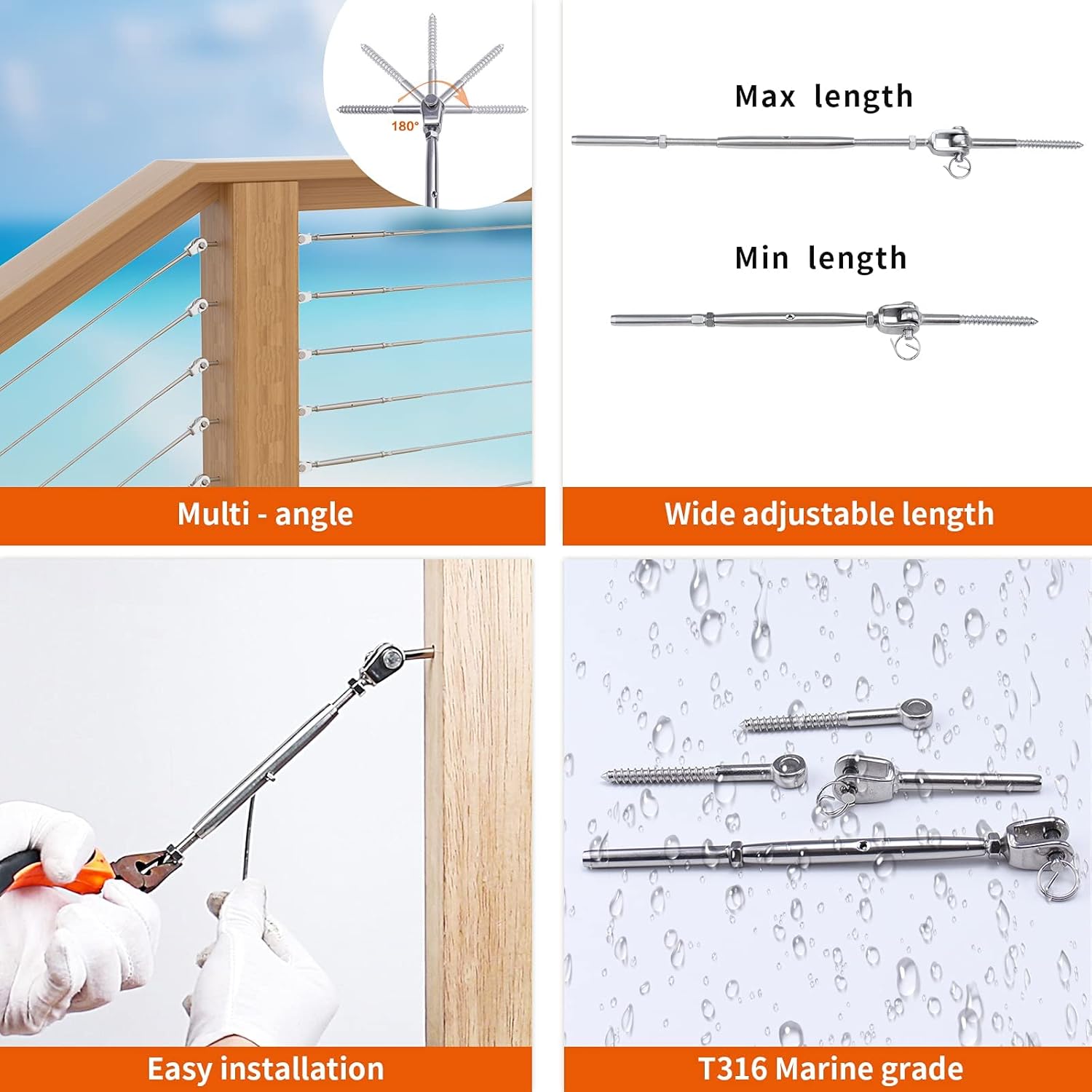 Muzata 36Set Cable Railing Kit 1/8 Swage Toggle Turnbuckle Hardware T316 Stainless Steel for Wood Post WoodEasy System Angle 180°Adjustable Stairs