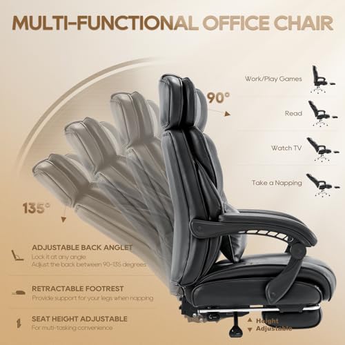 COLAMY Big and Tall Office Chair 500lbs-Heavy Duty Leather Computer Executive Desk Chair with Wide Seat, Adjustable headrest, Lumbar Support-Black