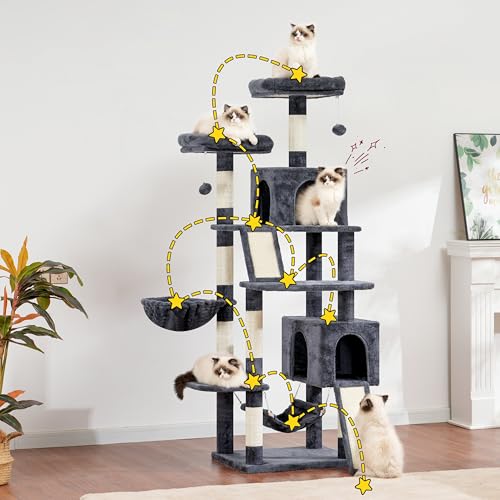 Cat Tree for Indoor Cats, 71'' (180cm) Multi-Level Cat Tower for Large Adult, Sturdy Cat Tree House with 2 Scratching Boards 7 Posts