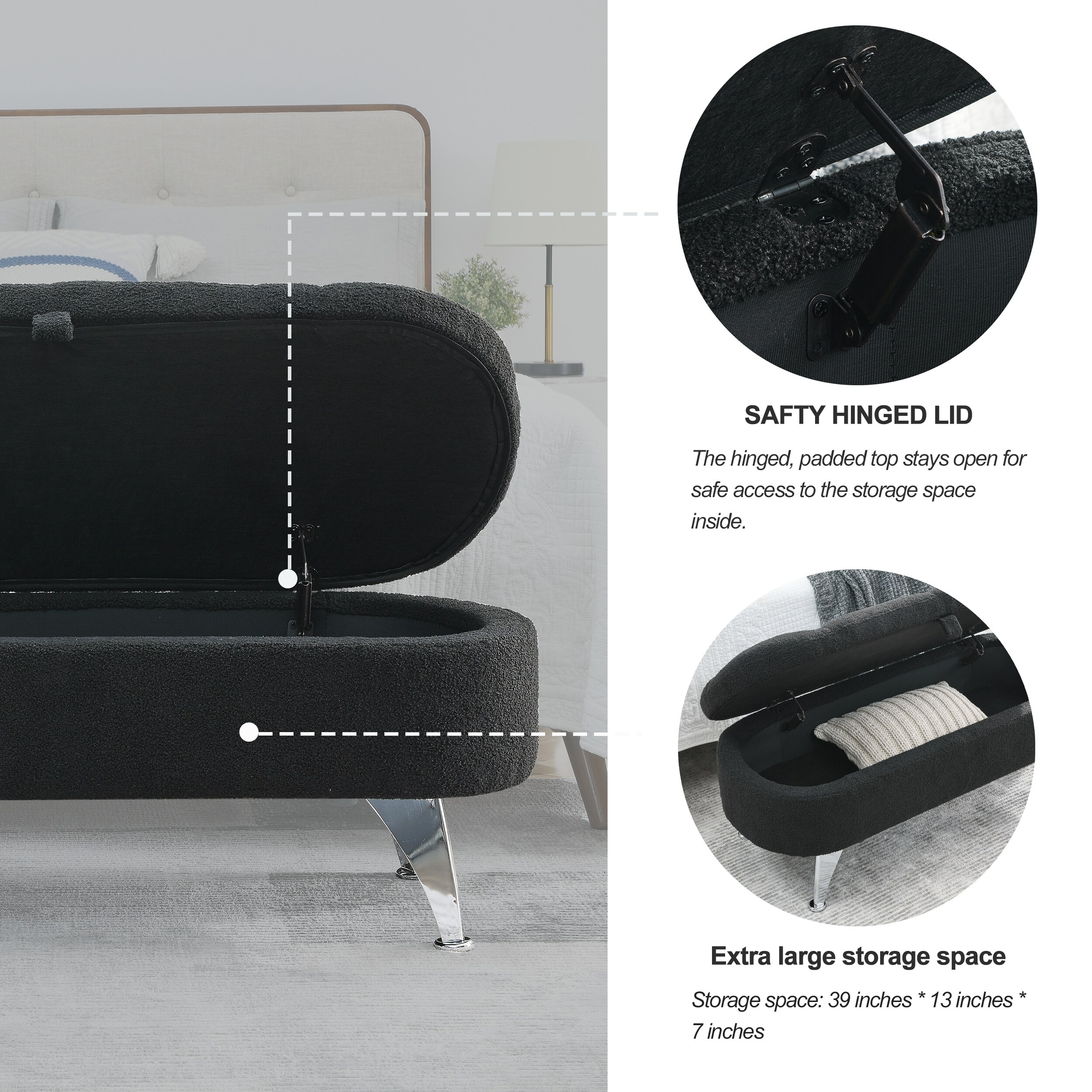 Length 45.5 inches Storage Ottoman Bench Black teddy