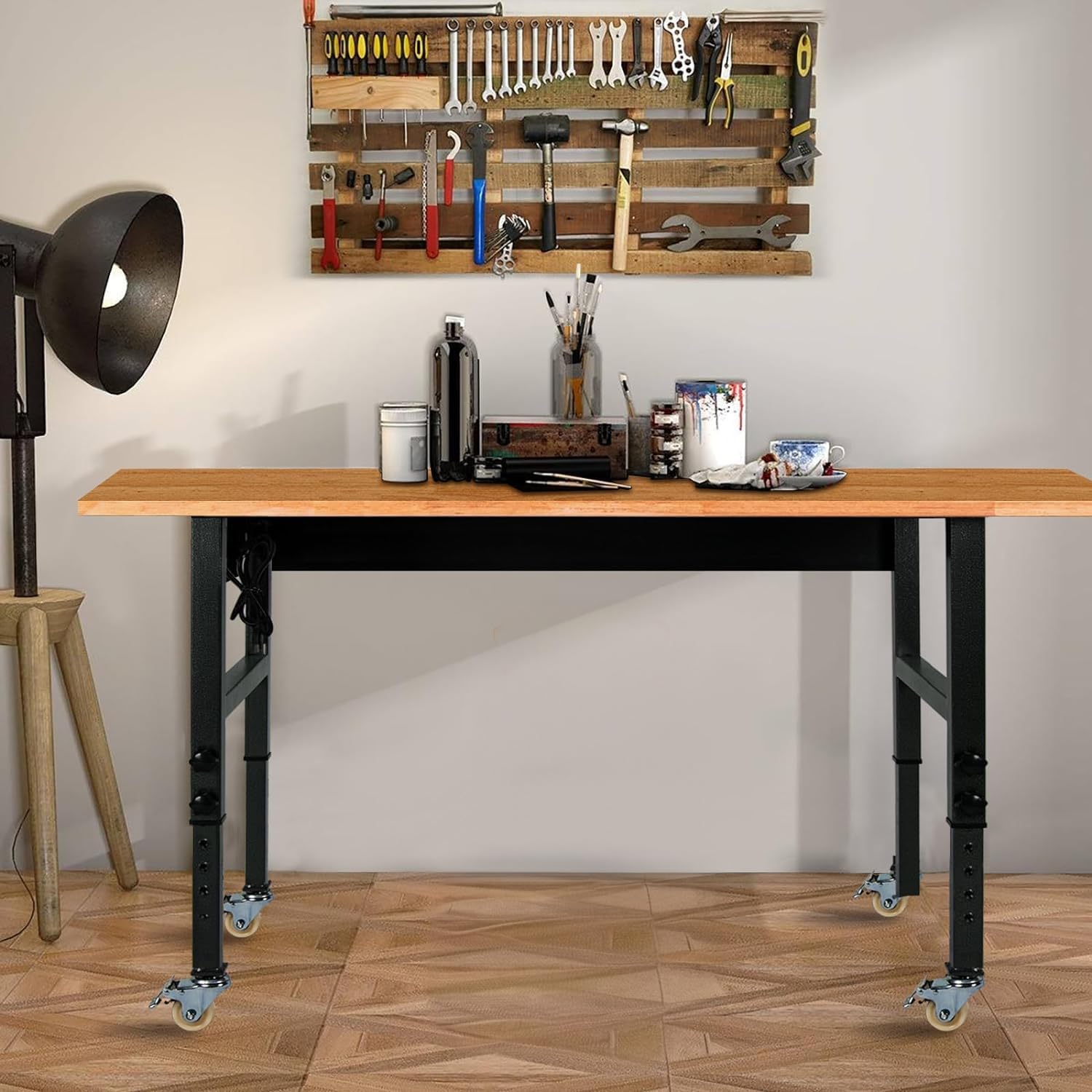 60" Adjustable Work Bench, Rubber Wood Top Workbench Heavy-Duty Work Table with Power Outlet with Wheels