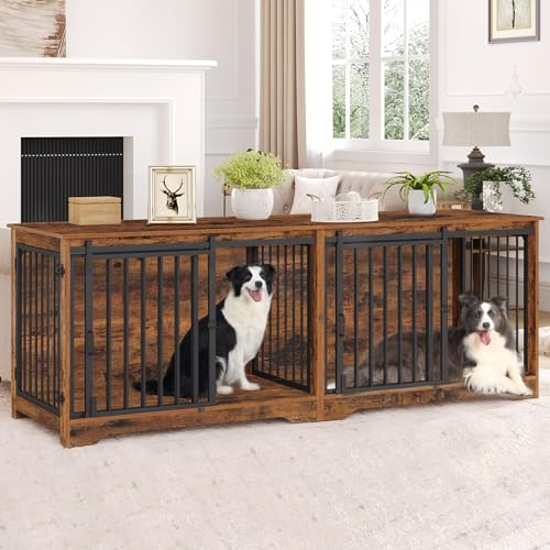 78 Inch Dog Cage Furniture for 2 Dogs, Extra Large Breed Double Dog Crate Furniture, XXL Thick Wooden TV Stand, Dog Kennel Furniture with Divider