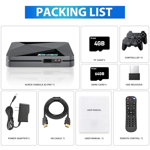Kinhank Retro Game Console Super Console X2 Pro Built-in 65000+ Games, Video Game Console Android 9.0/CoreE/Emuelec 4.6 3 System In One, S905X2 Chip