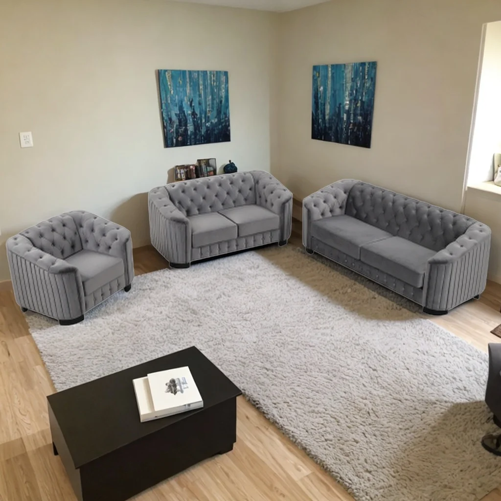 Modern 3-Piece Sofa Sets with Rubber Wood Legs,Velvet Upholstered Couches Sets Including Three Seat Sofa