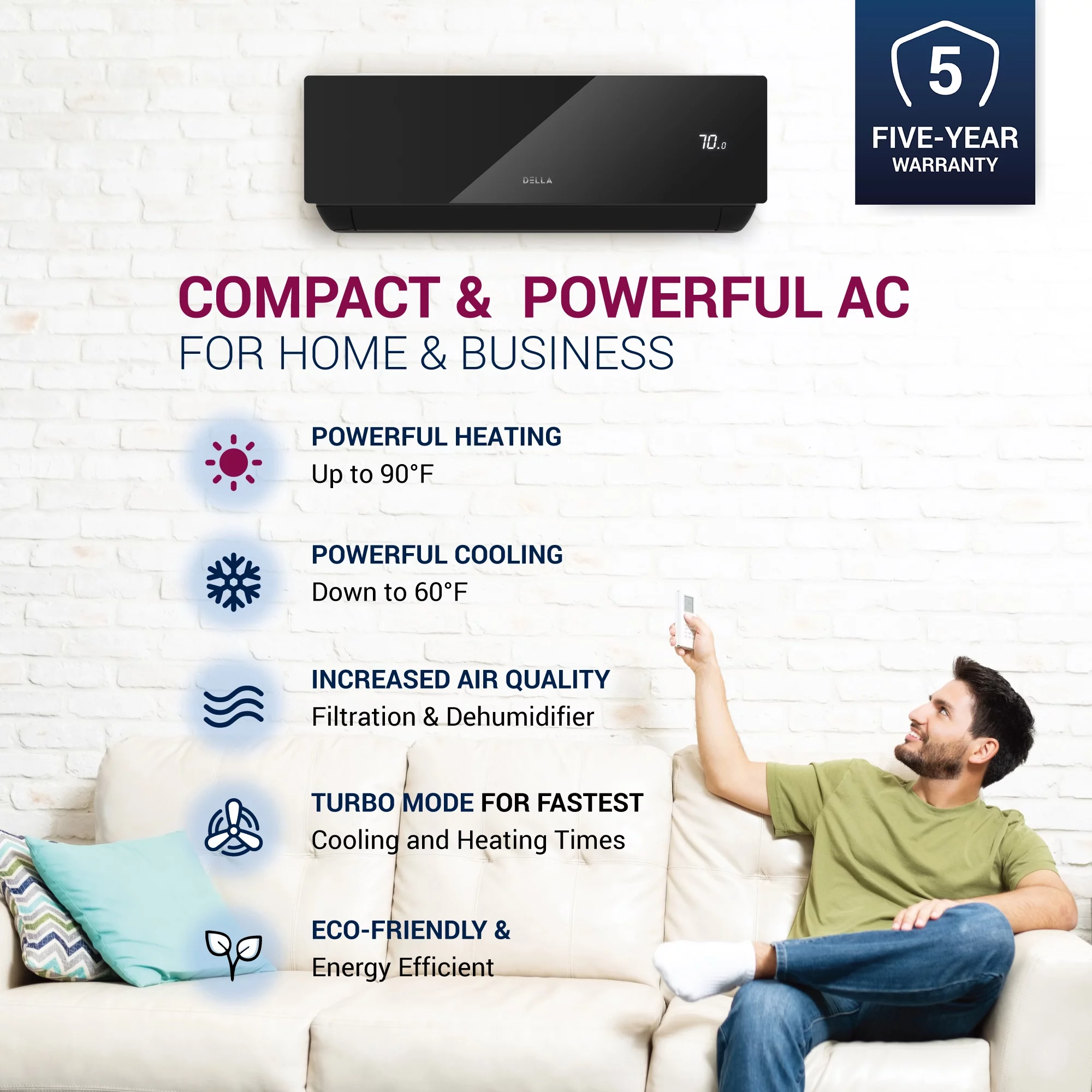 DELLA 12000 BTU Wifi Enabled 17.5 SEER Cools Up to 550 Sq.Ft 208-230V Energy Efficient Mini Split Air Conditioner & Heater Ductless Inverter System