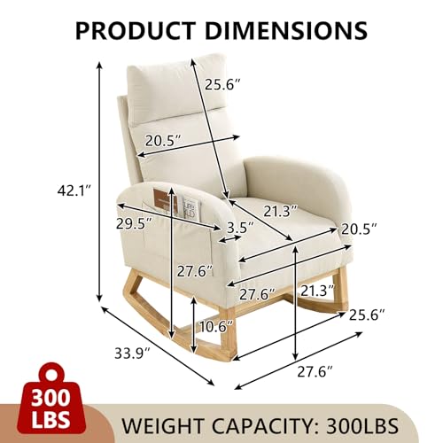 NIOIIKIT Modern Nursery Rocking Chair, Teddy Upholstered Glider Chair with High Back and Side Pocket, Comfy Accent Armchair with Wood Legs
