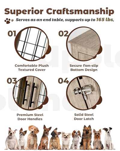 Dog Crate Furniture, 32 inch Medium Dog Crates with Bed Mat, Wooden Dog Kennel Furniture, End Side Table Dog Cage with 3 Doors, Greige