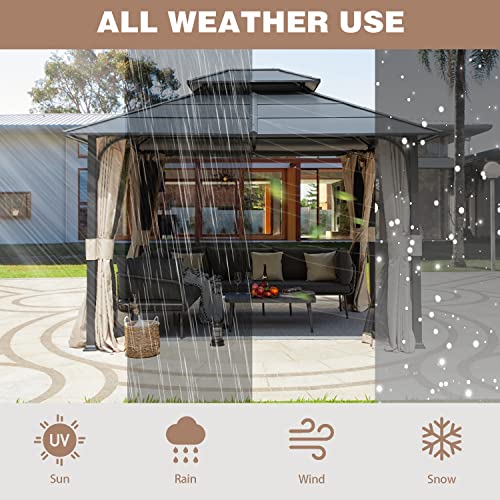 EROMMY 12'x20' Hardtop Gazebo Double Roof Galvanized Steel Canopy Outdoor Aluminum Frame Permanent Metal Pavilion with Netting and Curtains for Patio