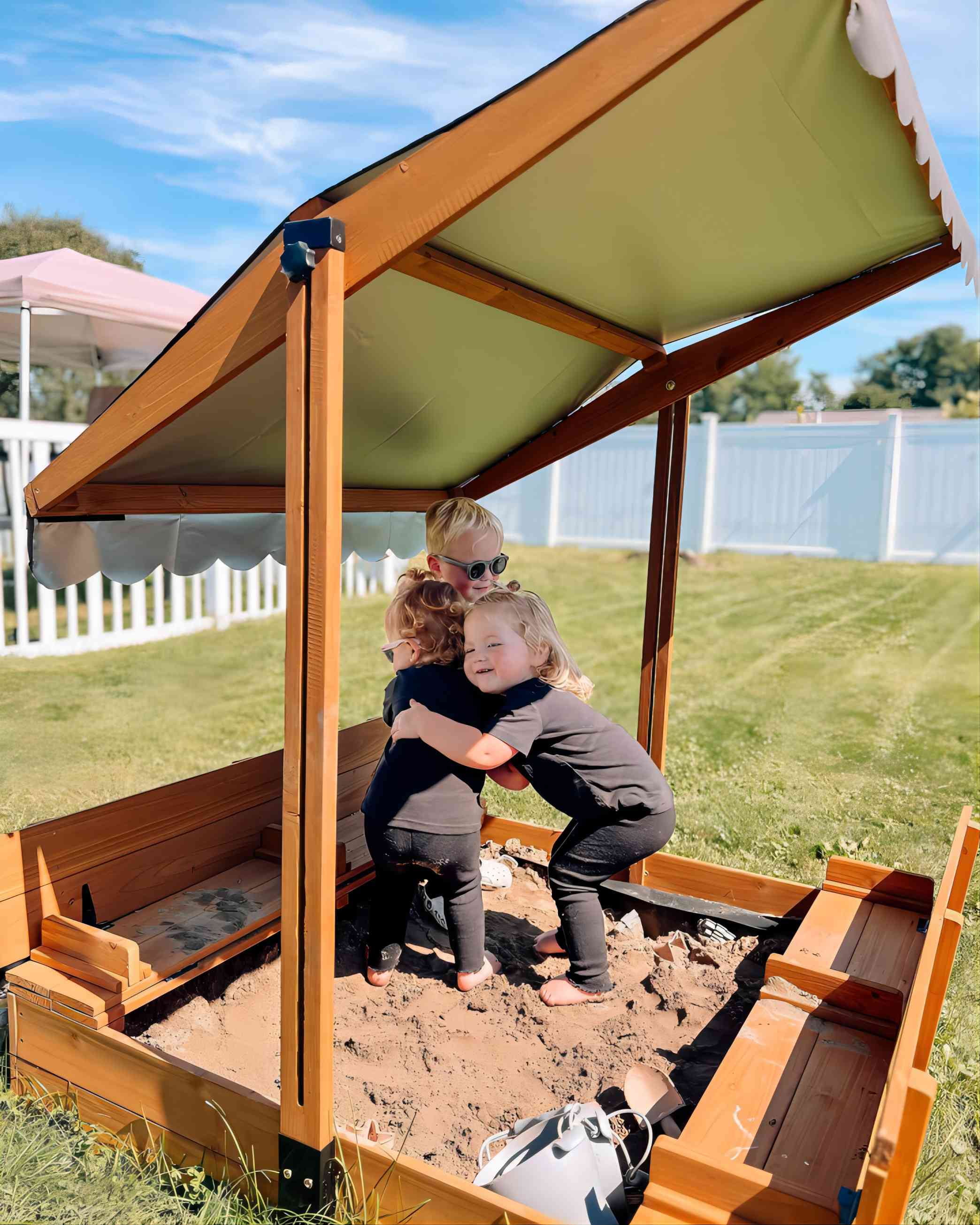 Morgete 47'' Outdoor Sandbox for Kids with Lid and Bench, Wooden Sand Play Toys Center