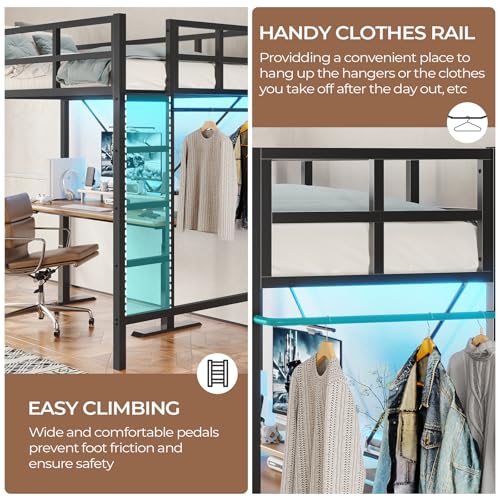 DICTAC Loft Bed Twin Size with Ladder and Guardrail,Metal Twin Loft Bed with Led Lights,Small Space Saving Furniture Design for Bedroom