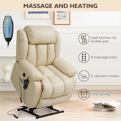 EDILLY Large Genuine Leather Power Lift Recliner Chairs for Elderly, Dual Motor with Massage and Heating,Double Lumbar Cushion and Extended Footrest
