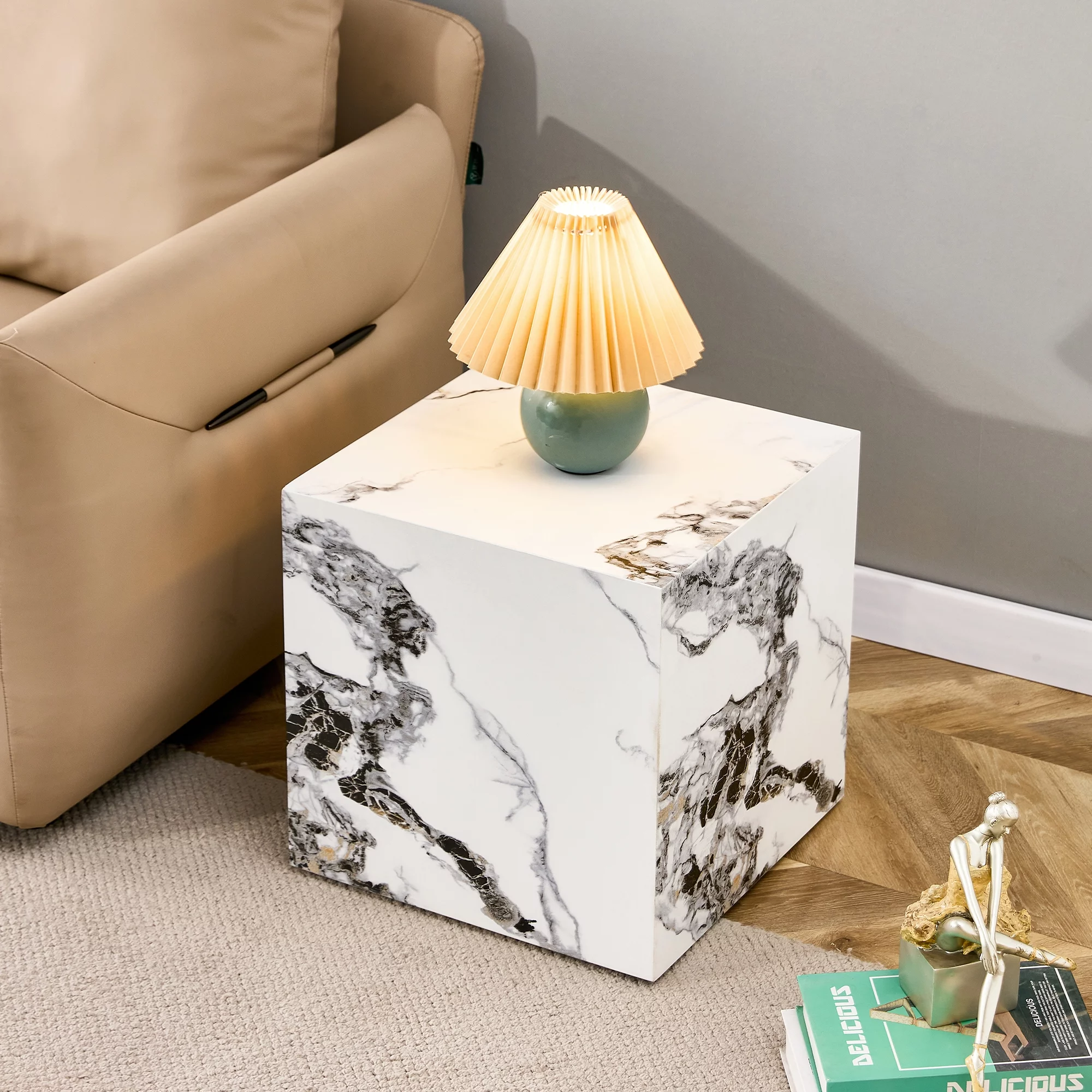 15.75 inches Modern White Cube Coffee Table - Stylish Texture Design, MDF + Sticker Material Construction