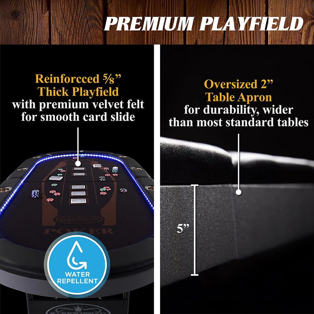 Barrington 10-Player Poker Table with In-laid LED Lights, Brown and Black