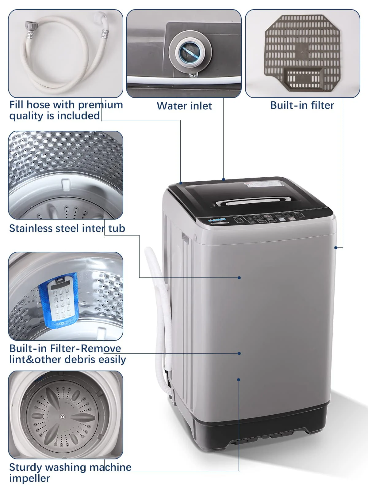 KRIB BLING Portable Washing Machine, 17.7 lbs Large Capacity Full Automatic Washing Machine, Compact Laundry Washer for Home Apartment, Coffee Gold