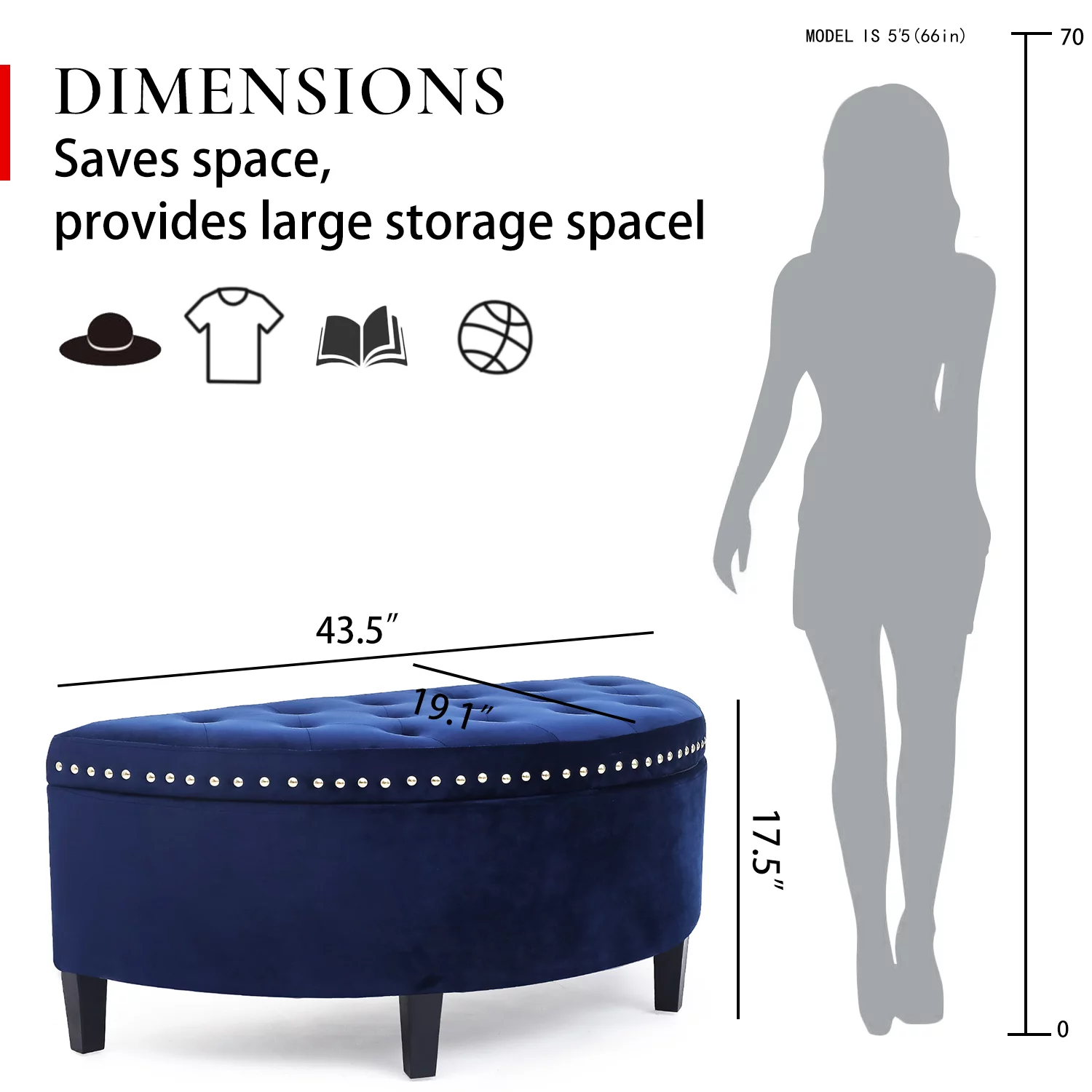 Homebeez 43.5" Half Moon Storage Ottoman, Button Tufted Bedroom Bench for Entryway Living Room, Dark Blue
