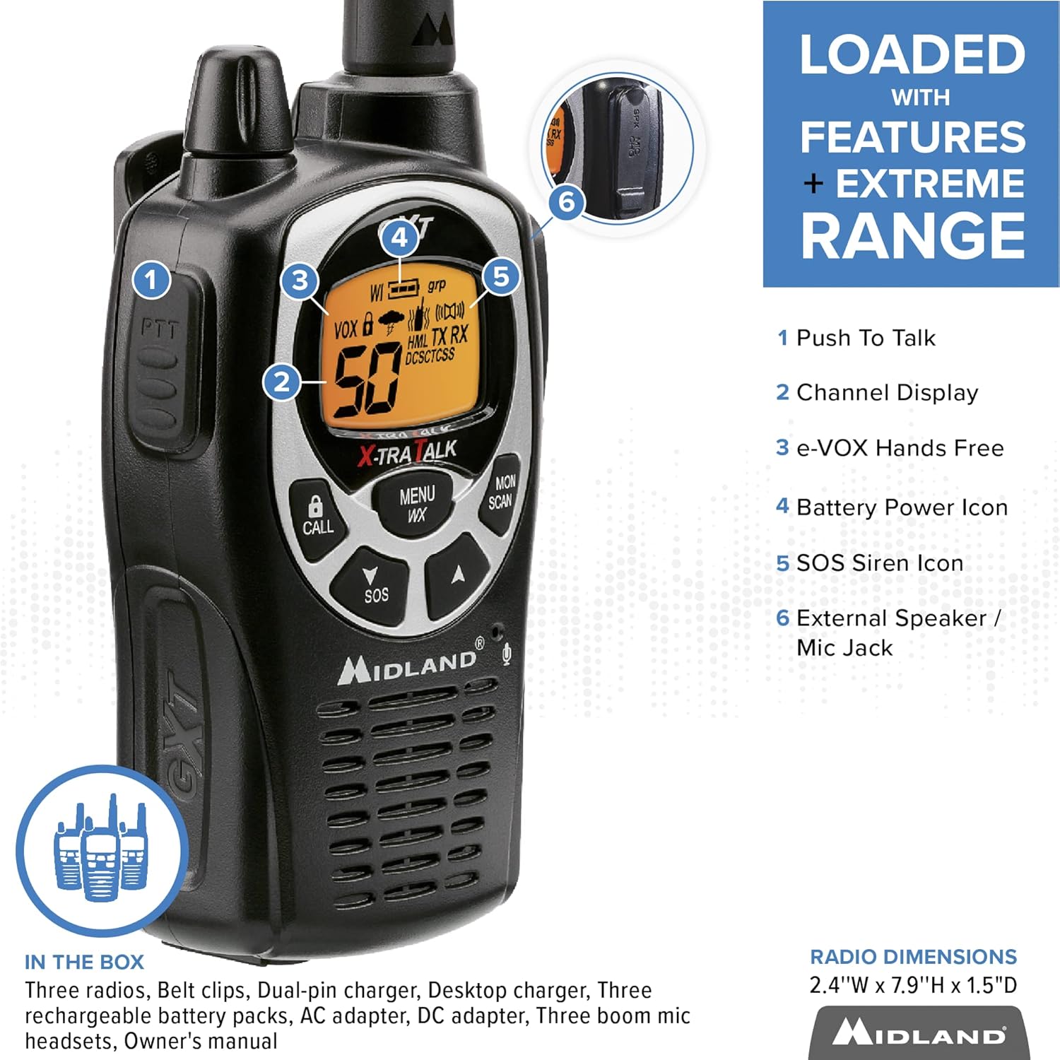 Midland 50 Channel Waterproof GMRS Two-Way Radio - Long Range Walkie Talkie with 142 Privacy Codes, SOS Siren
