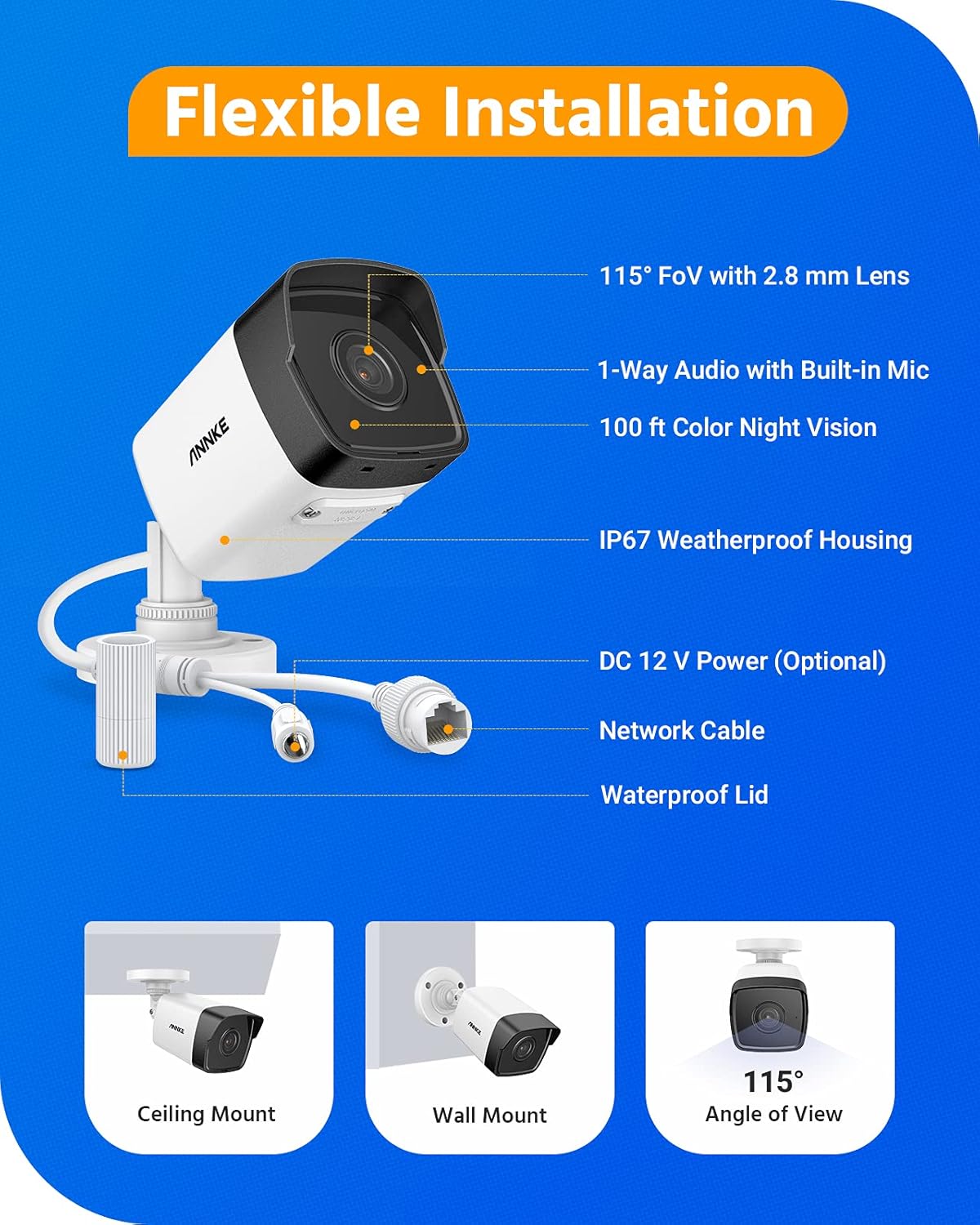 ANNKE C500 5MP PoE Security IP Bullet Camera w/ Audio,100ft EXIR 2.0 Color Night Vision, Built-in Mic, H.265+ Internet IP Camera, Digital WDR