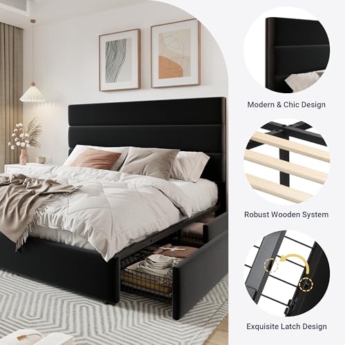 Allewie Modern Full Size Platform Bed Frame with 4 Storage Drawers and Velvet Upholstered Headboard, Wooden Slats Support