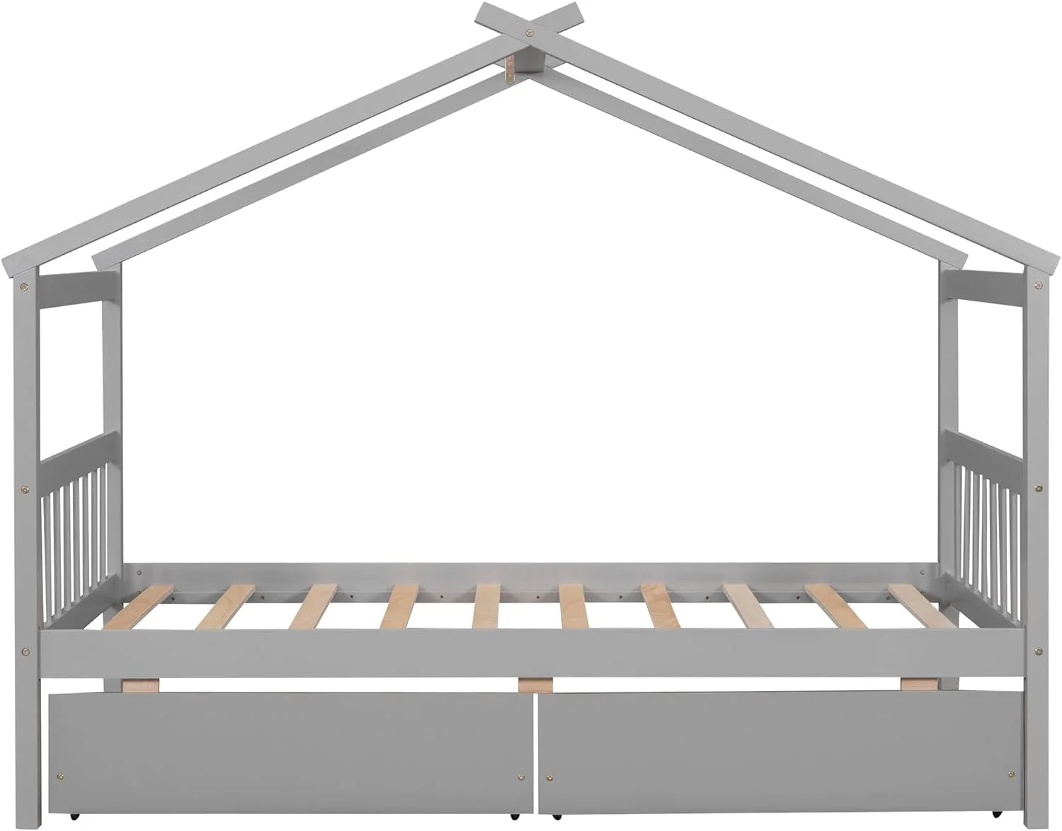 Size House Bed With Drawers, Wooden Platform Bed Frame With Headboard And Footboard, Roof Design, For Guest Room/Living Room, Gray