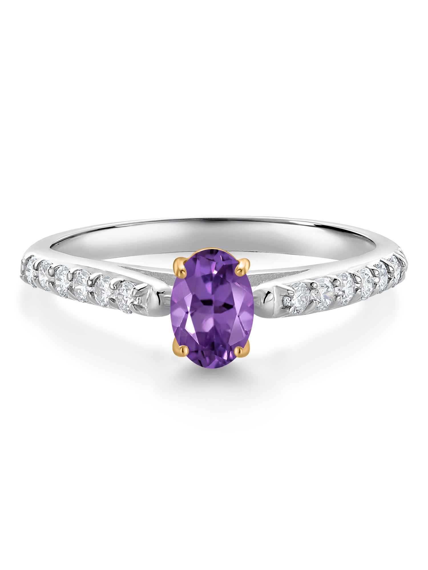 925 Sterling Silver and 10K Yellow Gold Purple Amethyst and White Lab Grown Diamond Engagement Ring For Women (0.63 Cttw, Oval 6X4MM