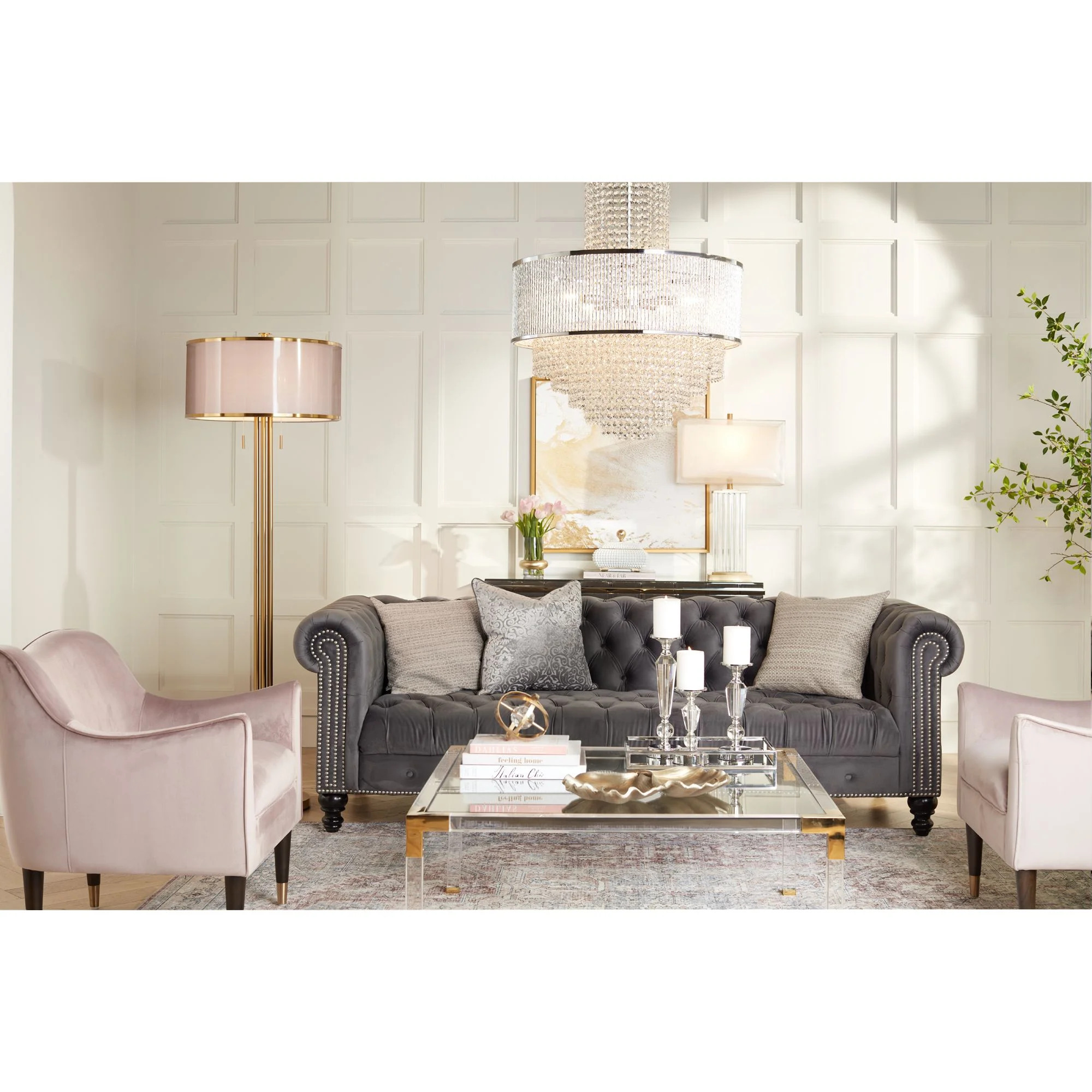 55 Downing Street Hanna Modern Cast Acrylic Square Coffee Table 40" Wide Clear Gold Tempered Glass Tabletop for Living Room Bedroom Bedside Entryway