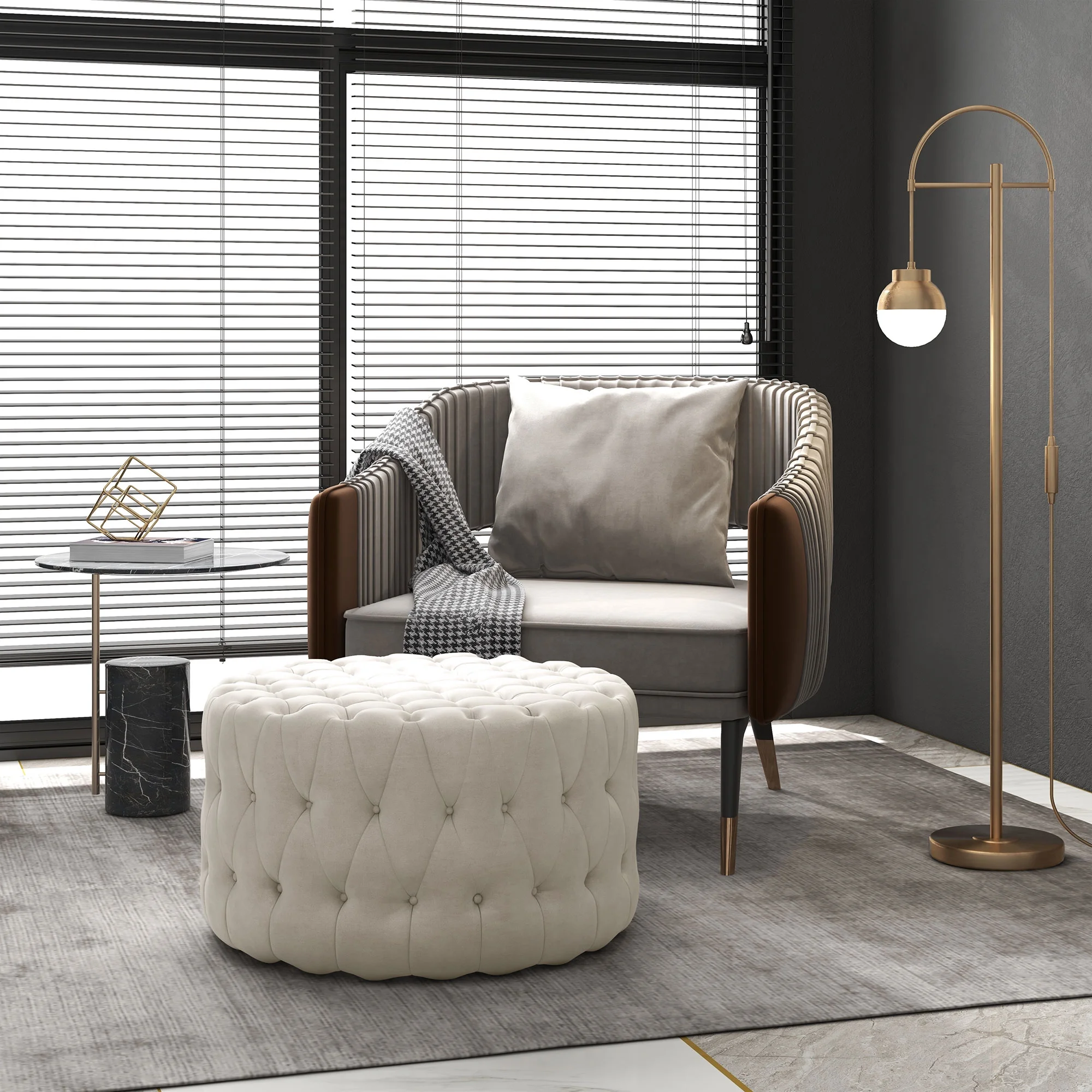 HOMCOM Button Tufted Ottoman Foot Stool with Velvet-feel Upholstery, Beige