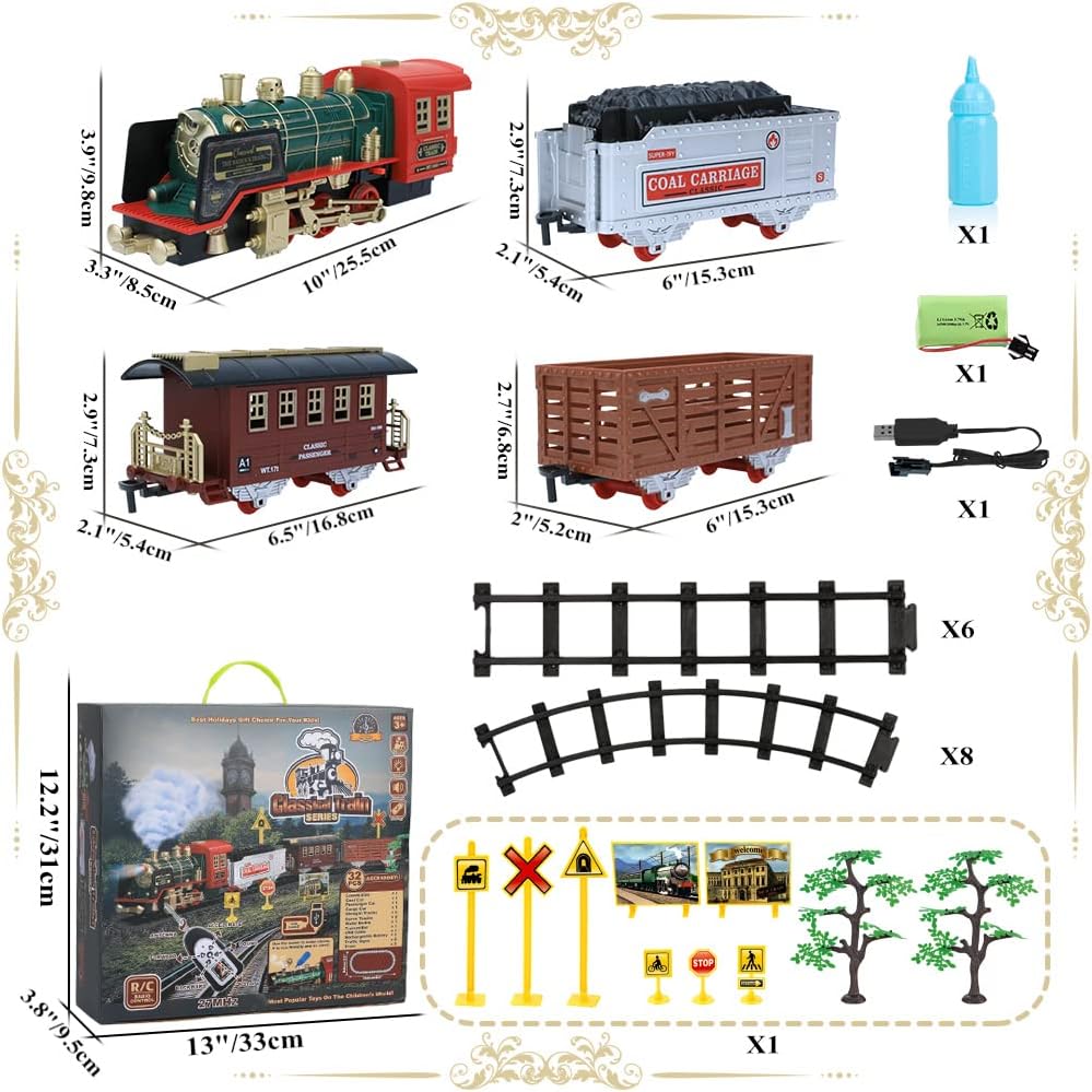 Remote Control Train Set - Electric R/C Train Toy for Kids w/ Smokes,Lights & Sound,Railway Kits w/ Steam Locomotive Engine,Cargo Cars & Tracks