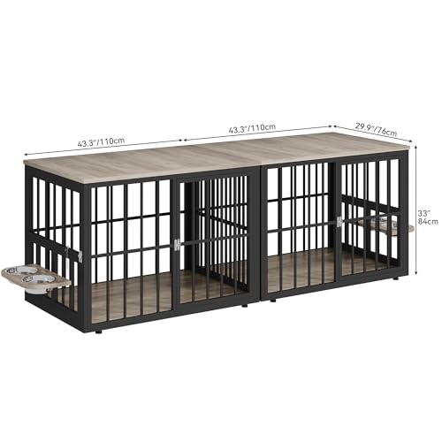 YITAHOME 88.6" Large Corner Dog Crate Furniture for 2 Dogs, Large Wooden Dog Kennel with Dog Bowls & 3 Doors