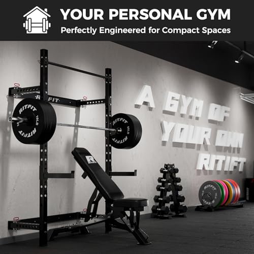 RitFit Multi-Functional Folding Squat Rack for Home Gym, 2.36'' x 2.36'' Wall Mounted Squat Rack with Attachments - Space Saving Squat Power Rack