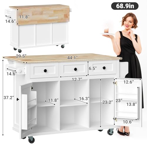 Rovibek Kitchen Island with Drawers 53 in Rolling Island Cart Mobile Solid Wood Portable Islands on Wheels with Storage Cabinet & Drawers, White