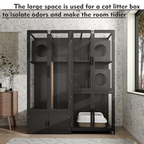 63" Cat Litter Box Enclosure, Extra Large Hidden Decorative Litterbox Cabinet Furniture with 3 Rooms, Acrylic Doors and Scratching Post for Big Cats