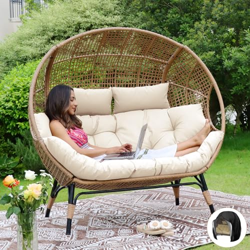 NICESOUL® Double Egg Chair Indoor Outdoor Stationary Oversized Thicken Padded Cushions, 2 Person Egg Loveseat Chair