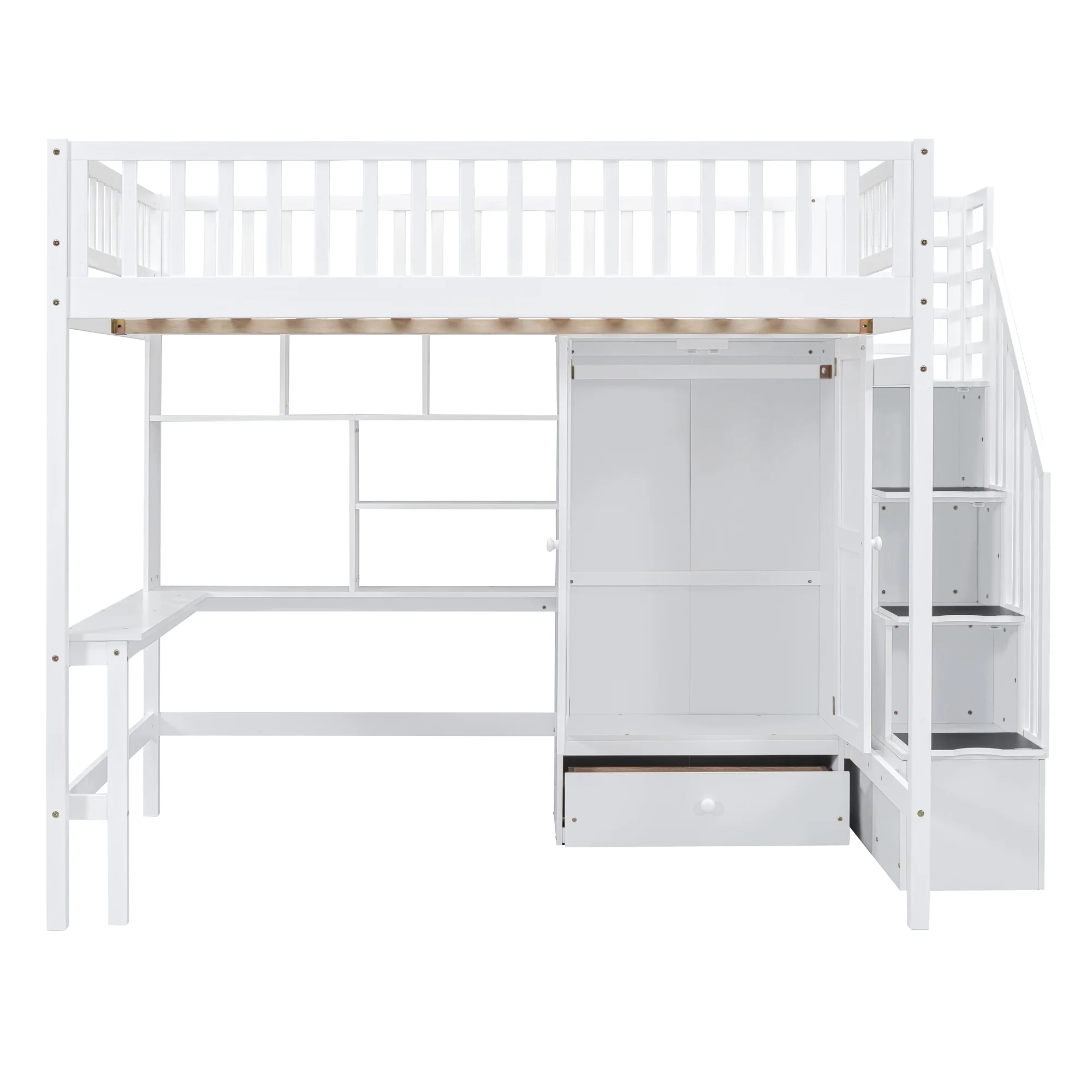 Churanty Full Loft Bed with Wardrobe Storage Space, Stairs Loft Bed with Desk and Shelves for Kids Boys Girls Teens,White - Radiant Selections