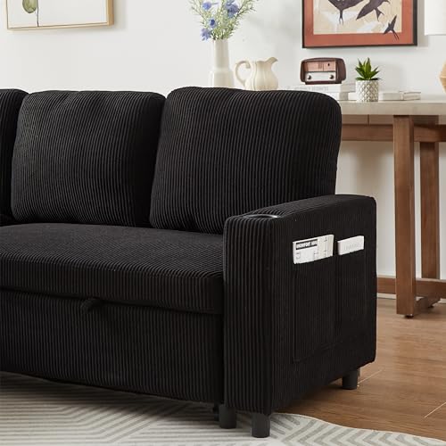 L-Shaped Pull Out Sleep Sofabed,Modern Reversible Sleeper Sectional Sofa Chenille Upholstered Button Tufted Decor with Storage Chaise