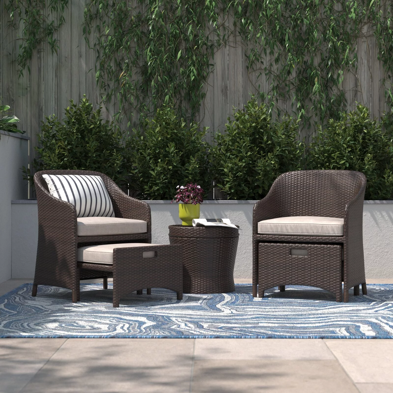 Barton 5 Pieces Patio Rattan Wicker Set 2 Seats Sofa Ottoman with Side Storage Table Beige Cushion - Curated Treasures Market