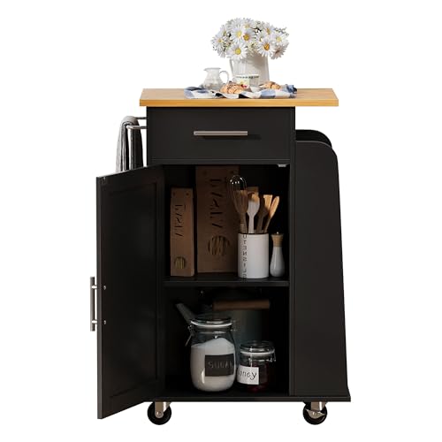Shintenchi Rolling Kitchen Island Cart with Folding Drop Leaf Breakfast Bar, Portable Trolley Island with Large Storage Cabinet, Shelf and Drawer