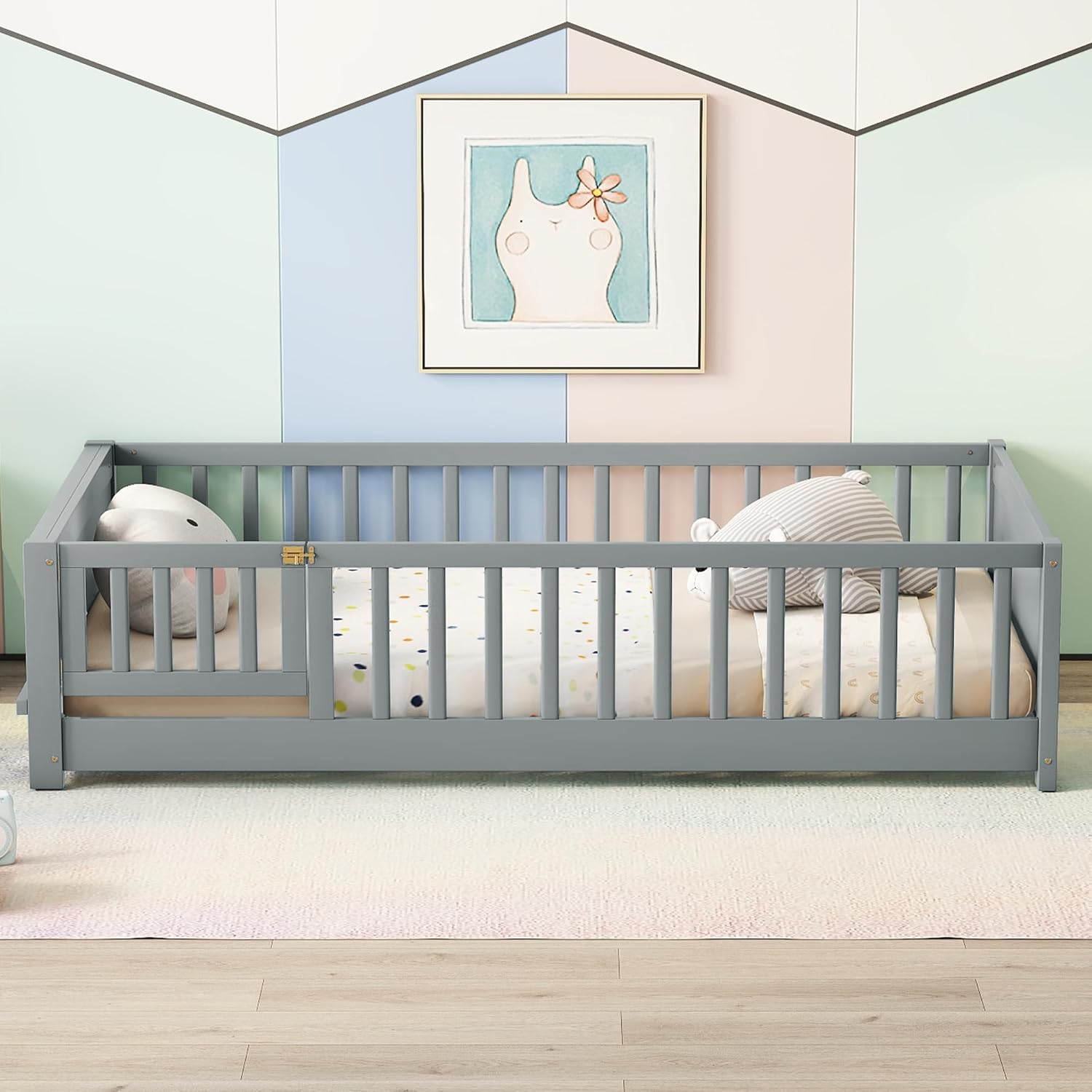 Bellemave Twin Size Floor Bed for Kids, Montessori Bed Frame with Safety Guardrails and Built-in Book Storage Rack