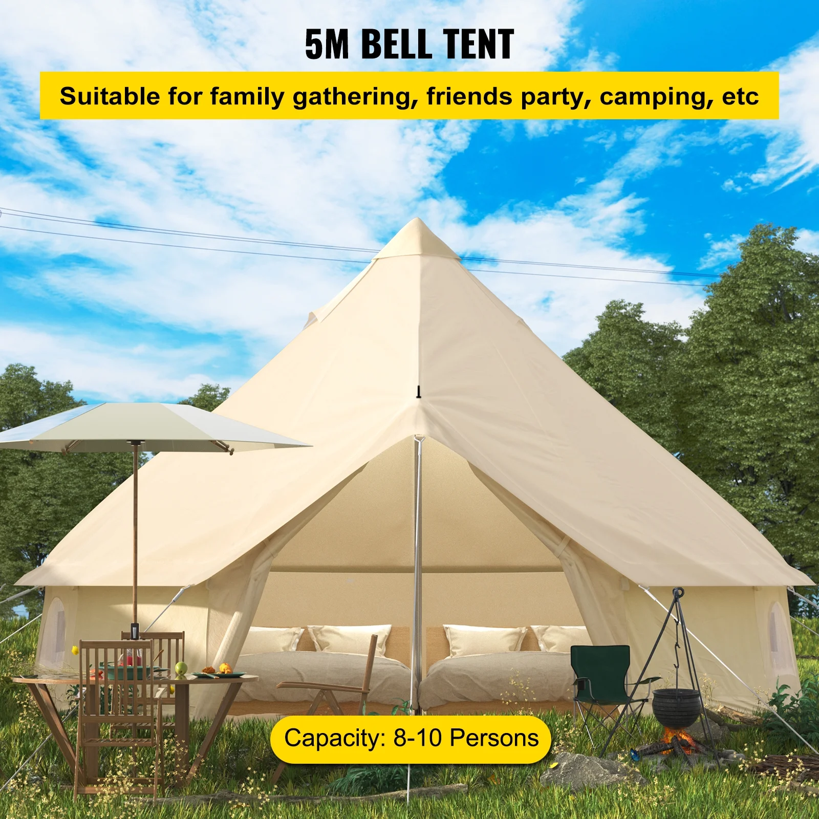 BENTISM 4-Season 8-10 People Large Waterproof Cotton Canvas Bell Tent With Stove for Camping Parties(5M Dia)