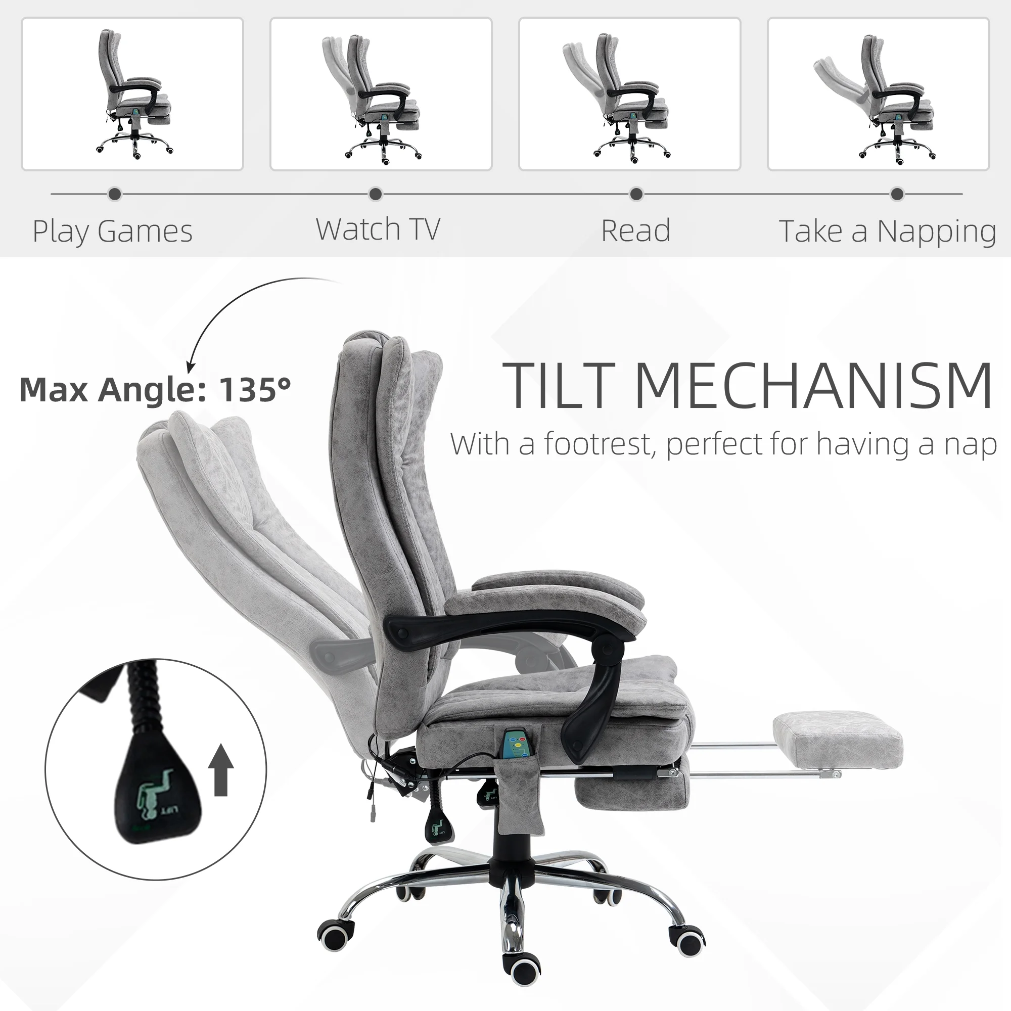 Vinsetto Microfiber Office Chair, High Back Computer Chair with 6 Point Massage, Heat, Adjustable Height and Retractable Footrest, Gray