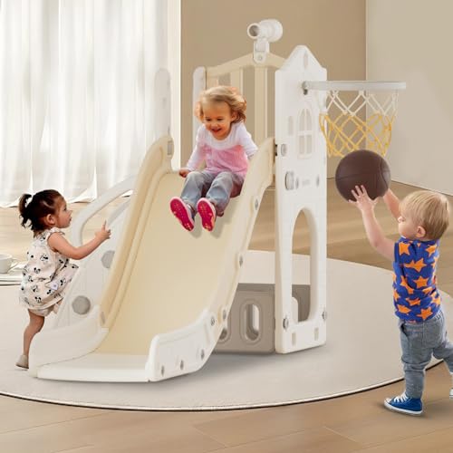 XJD 5 in 1 Toddler Slide, Kids Slide for Toddlers Age 1-3, Outdoor Indoor Playset for Toddlers with Basketball Hoop and Ball