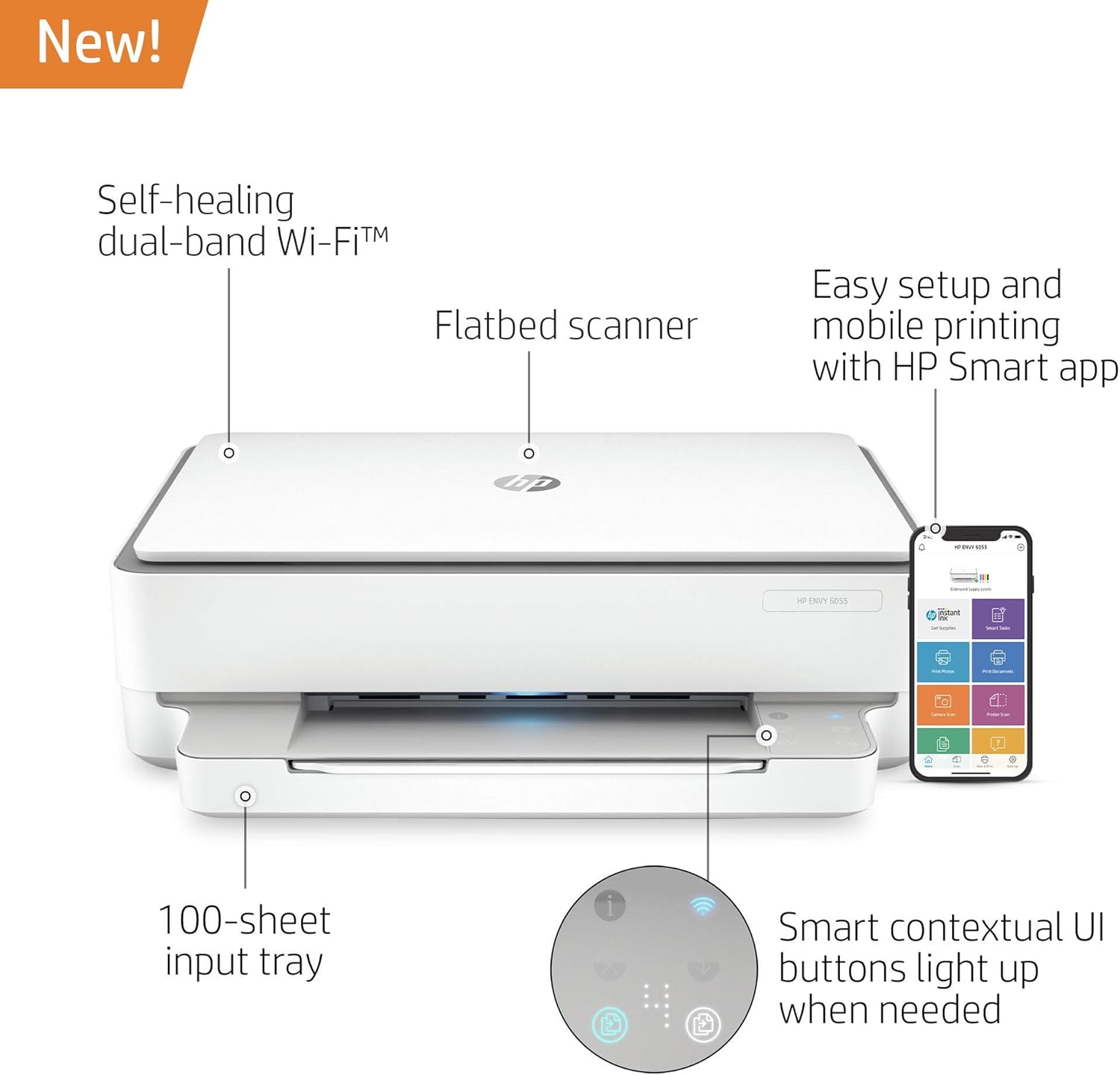 HP Envy 6055 Wireless All-in-One Printer | Mobile Print, Scan & Copy (5SE16A) (Renewed)