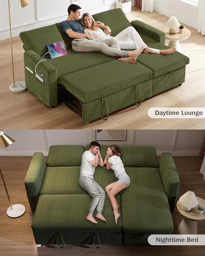 81" Sleeper Sofa Bed with Pull Out Bed, L Shaped Couch Sectional Sleeper Sofa, Pull Out Couch with Reclining Backrest, Reversible Storage Chaise