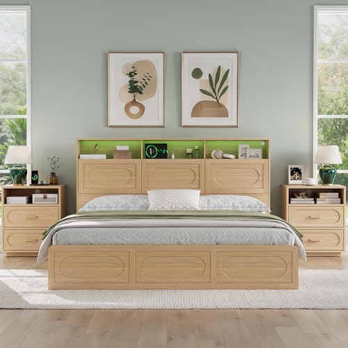 Queen Bed Frame with 47" Storage Headboard, Queen Size Wood Bed Frame with 4 Storage Drawers, Built-in Charging Station & LED, Solid Wood Slats