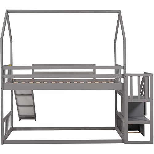 Merax Twin Over Twin House Bunk Bed Frames with Slide and Storage Staircase, No Box Spring Needed, White
