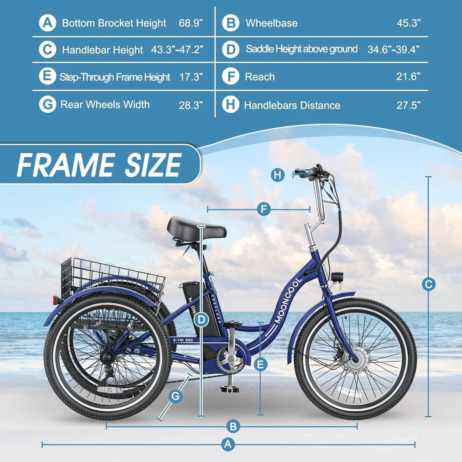 MOONCOOL 350W Motorized Electric Trike, 7 Speed 3 Wheel Electric Bicycle with 36V 14.5Ah Lithium Battery UL Certified